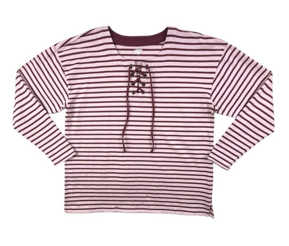 Lands’ End Tunic Pink Maroon Stripe Rugby LS Heavyweight Lace Up Neck Womens XL